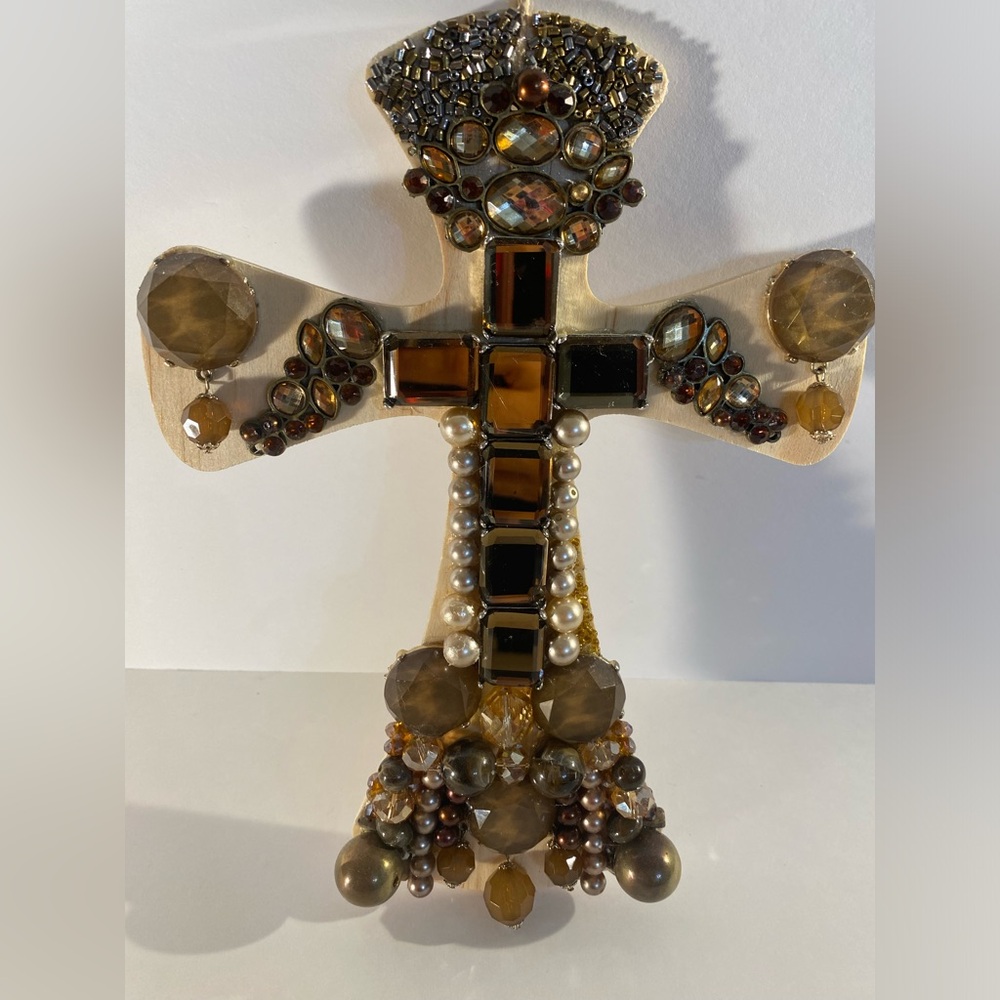 Artisanal Wood ✝️ w/ Repurposed Jewelry Wall Deco Brown Themed & Gold color